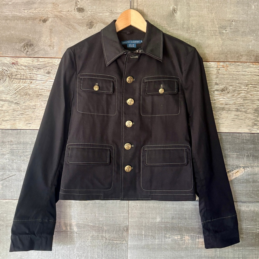 Ralph Lauren Vintage Brushed Cotton Cropped Military Jacket 10 Black Old Money